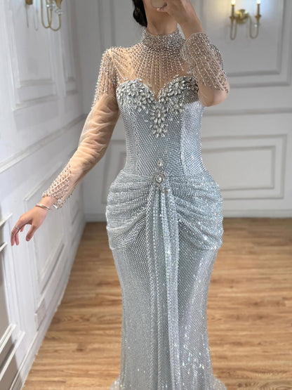 Luxury Silver Crystal Beaded Long Sleeve Evening Dress LA73167