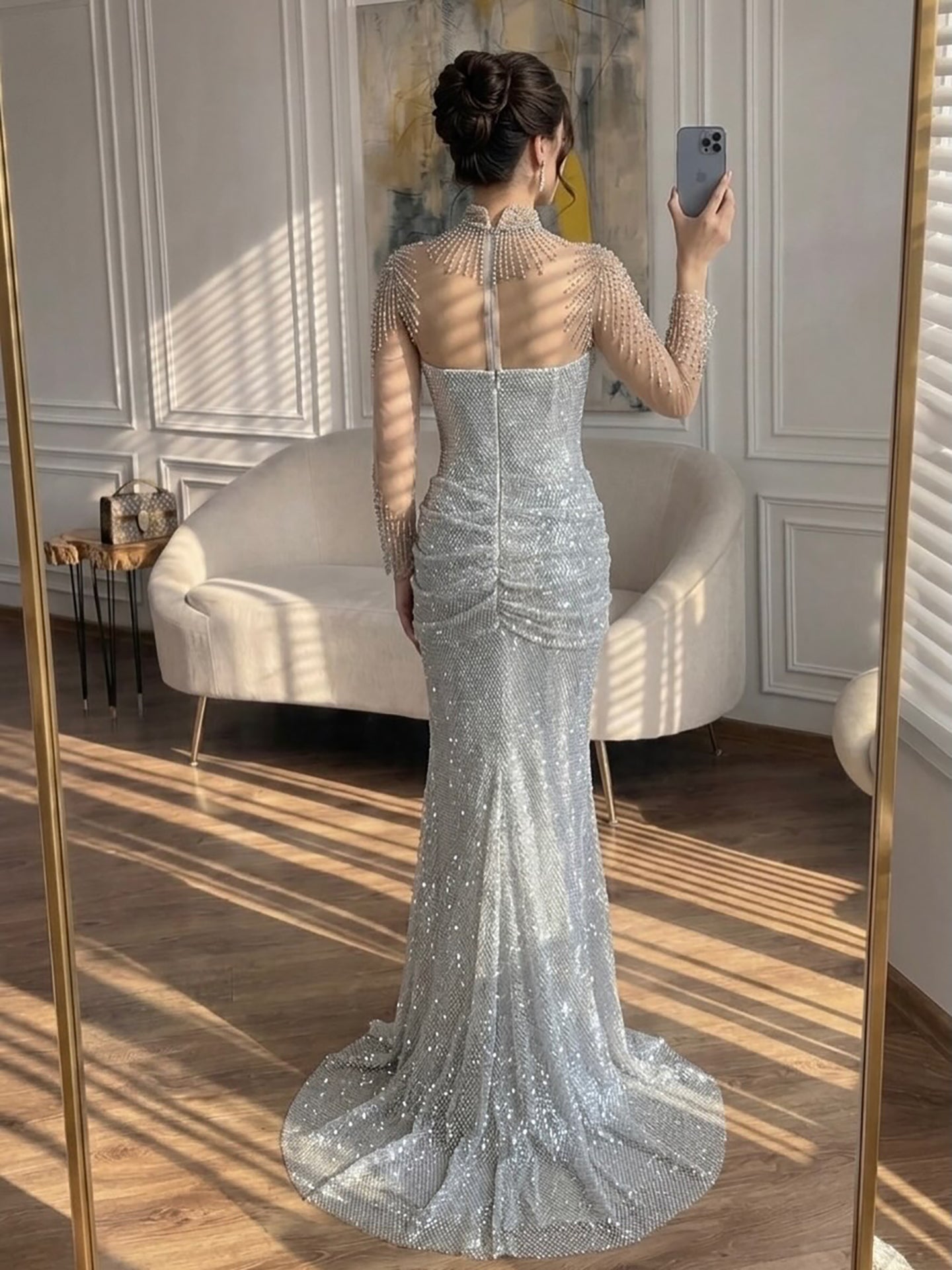 Luxury Silver Crystal Beaded Long Sleeve Evening Dress LA73167