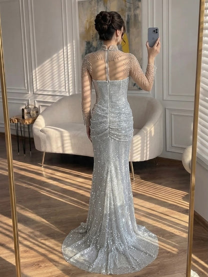 Luxury Silver Crystal Beaded Long Sleeve Evening Dress LA73167