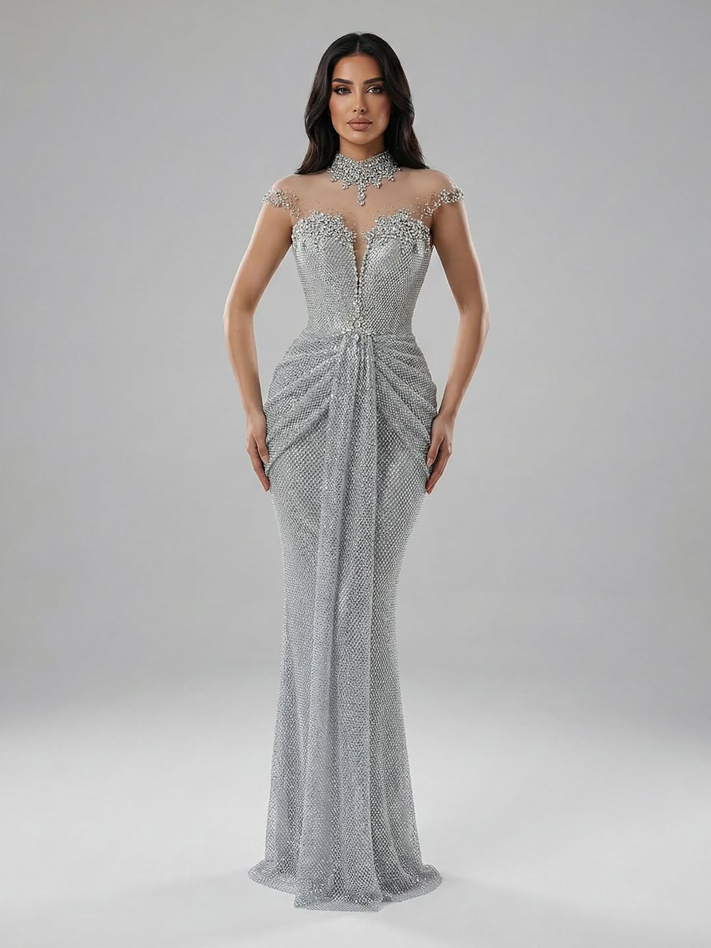 Luxury Silver Crystal Beaded Mermaid Evening Dress LA73167A - SERENE  HILL