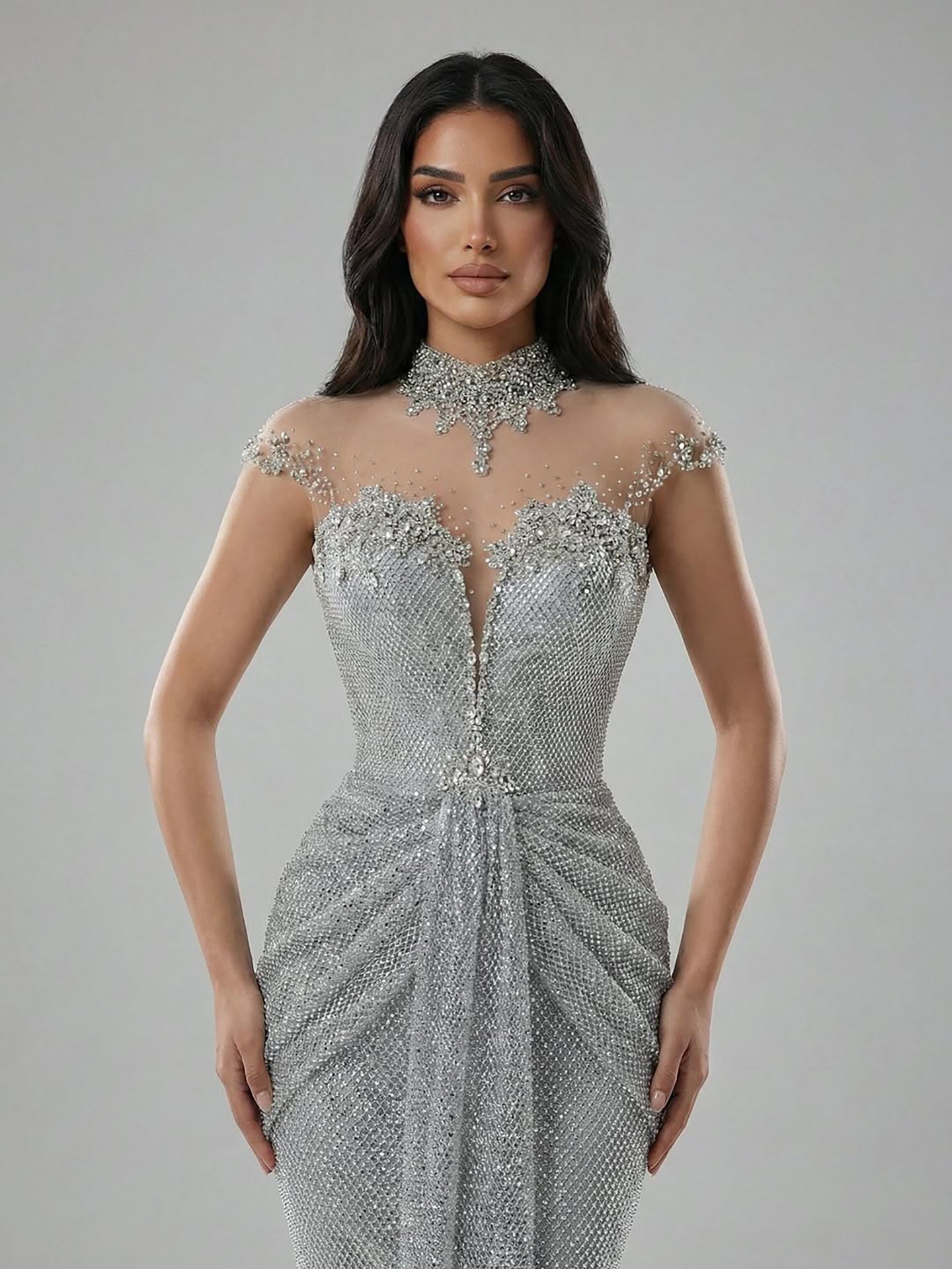 Luxury Silver Crystal Beaded Mermaid Evening Dress LA73167A - SERENE  HILL