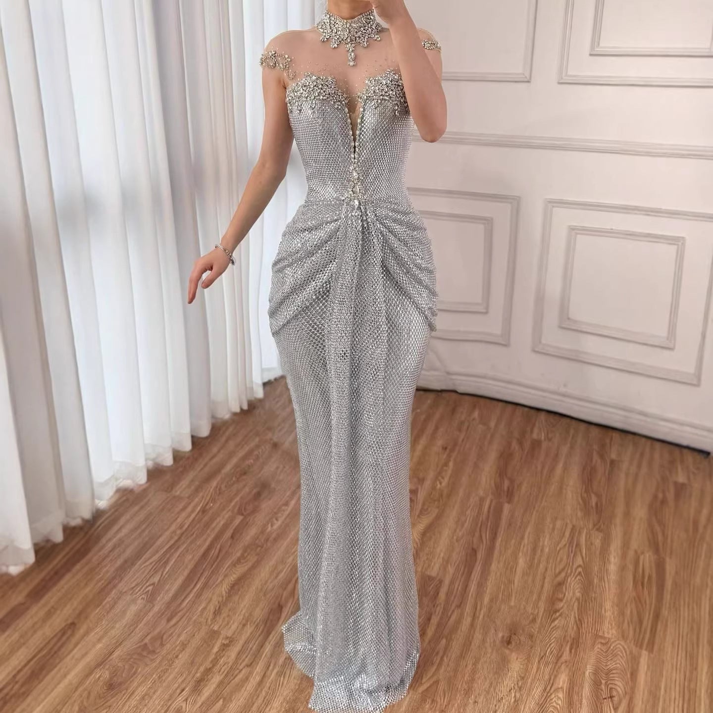 Luxury Silver Crystal Beaded Mermaid Evening Dress LA73167A - SERENE  HILL