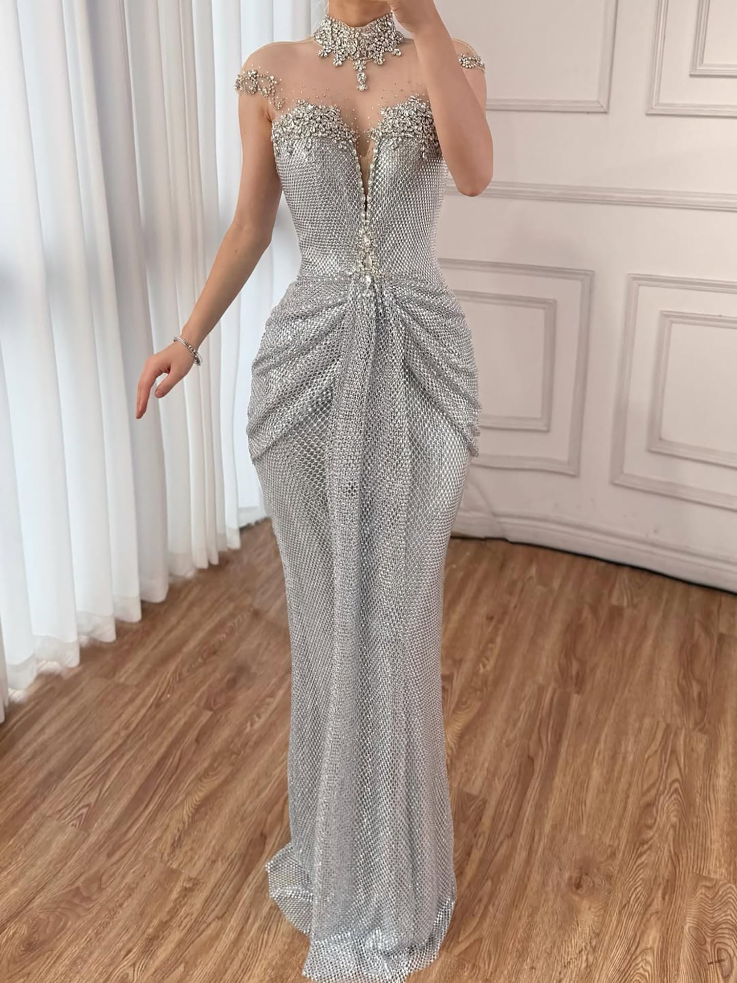 Luxury Silver Crystal Beaded Mermaid Evening Dress LA73167A - SERENE  HILL