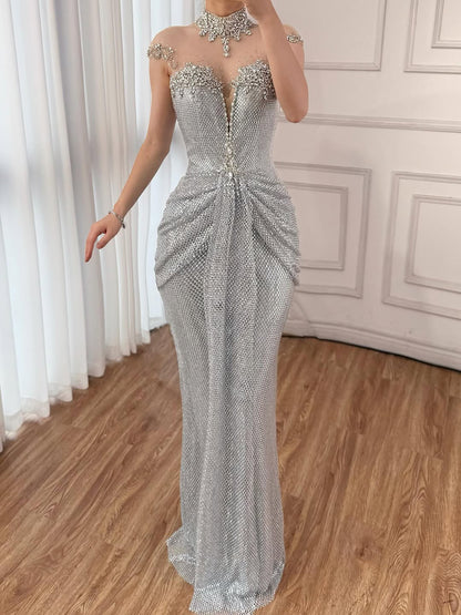 Luxury Silver Crystal Beaded Mermaid Evening Dress LA73167A - SERENE  HILL
