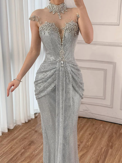 Luxury Silver Crystal Beaded Mermaid Evening Dress LA73167A - SERENE  HILL