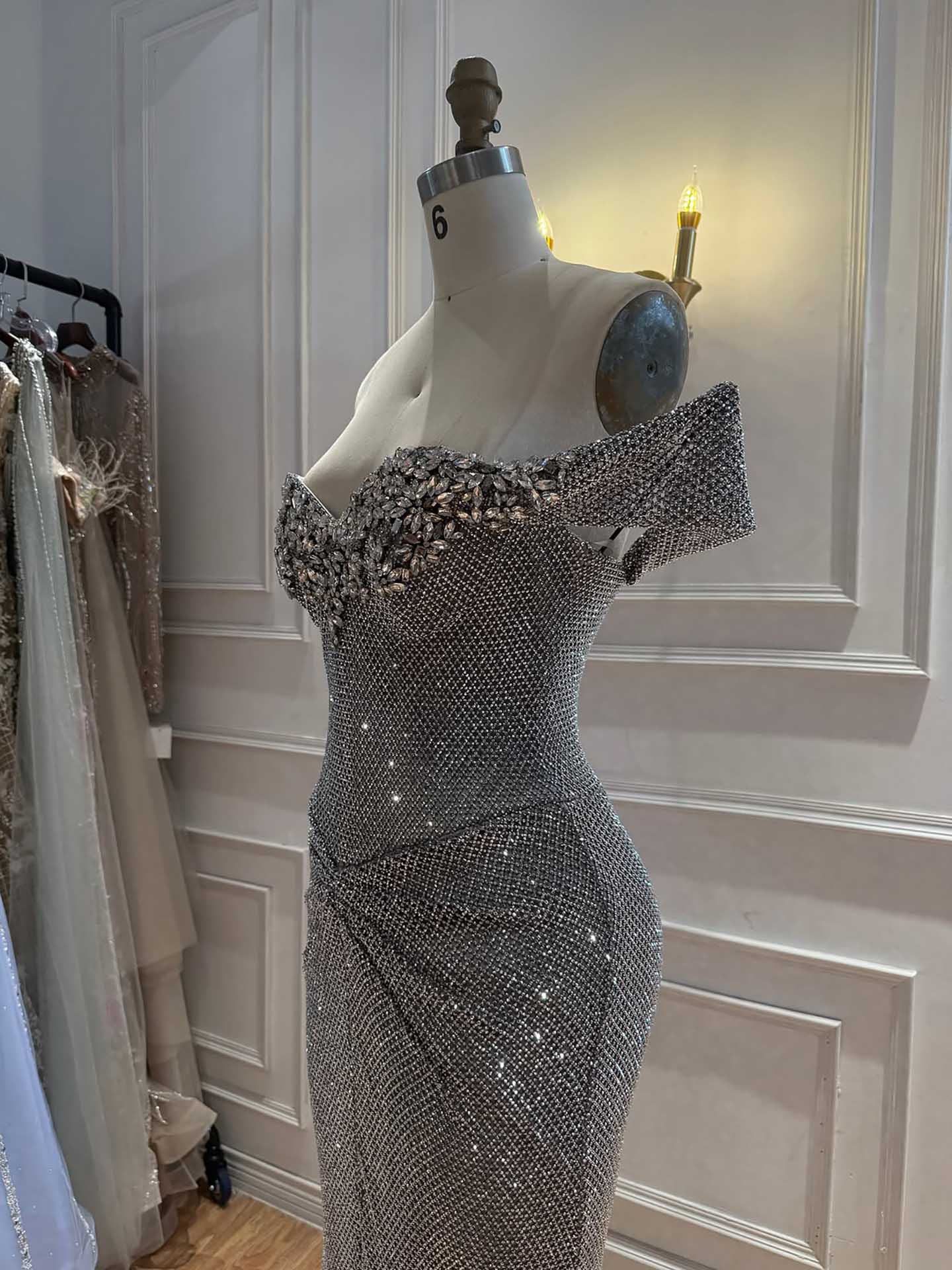 Luxury Gold Off-Shoulder Deep V Crystal Beaded Mermaid Dress LA73167D
