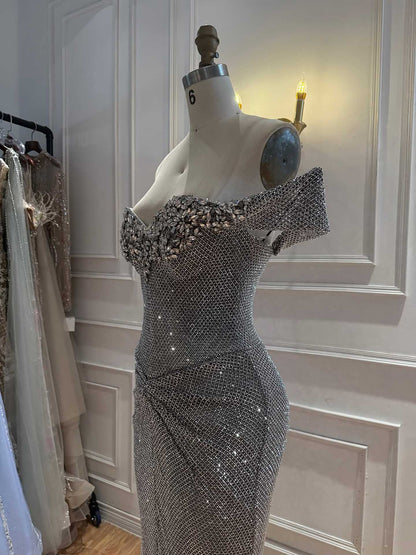 Luxury Gold Off-Shoulder Deep V Crystal Beaded Mermaid Dress LA73167D