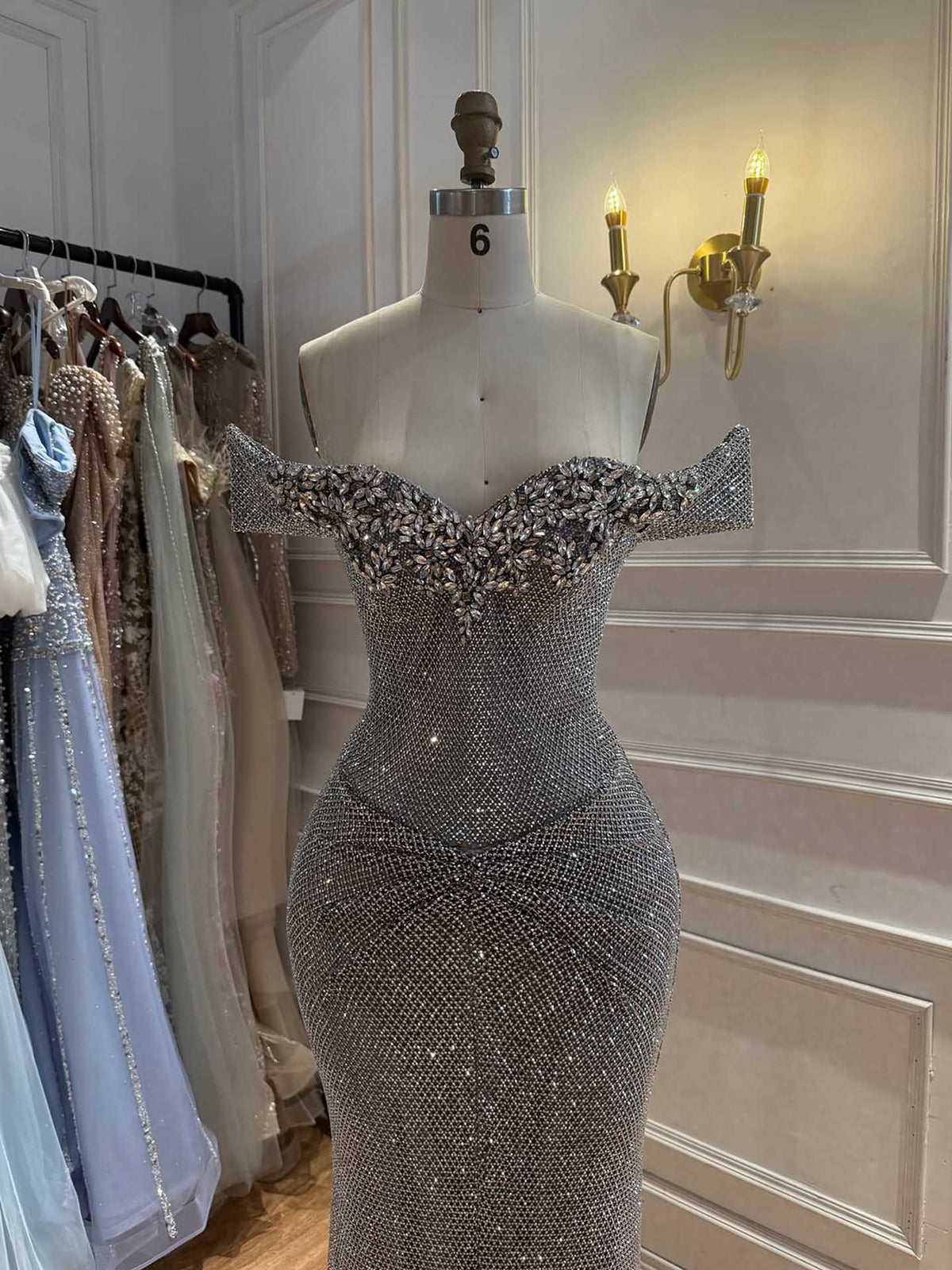 Luxury Gold Off-Shoulder Deep V Crystal Beaded Mermaid Dress LA73167D