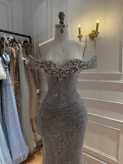Luxury Gold Off-Shoulder Deep V Crystal Beaded Mermaid Dress LA73167D