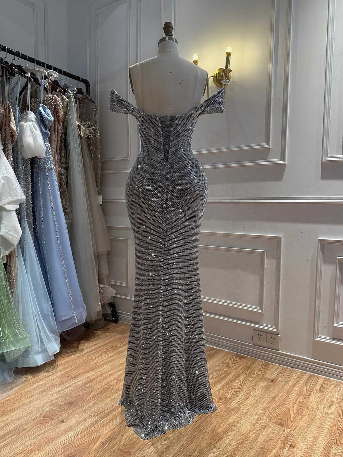 Luxury Gold Off-Shoulder Deep V Crystal Beaded Mermaid Dress LA73167D