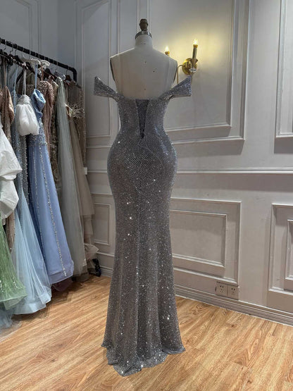 Luxury Gold Off-Shoulder Deep V Crystal Beaded Mermaid Dress LA73167D