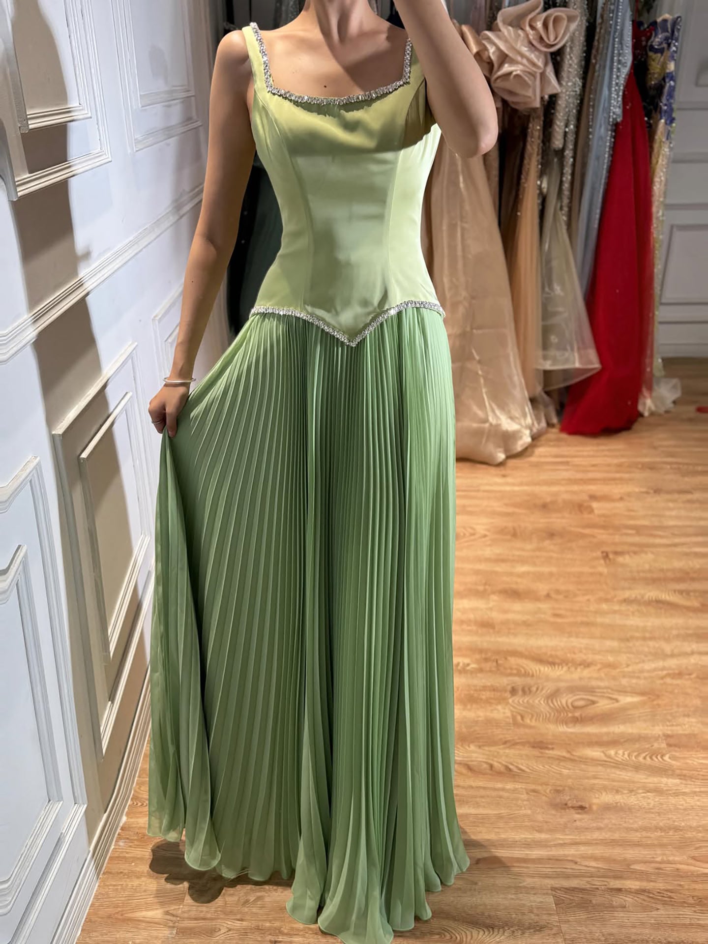 Luxury Sage Green Satin A-Line Prom Dress for Women LA73169 SERENE HILL