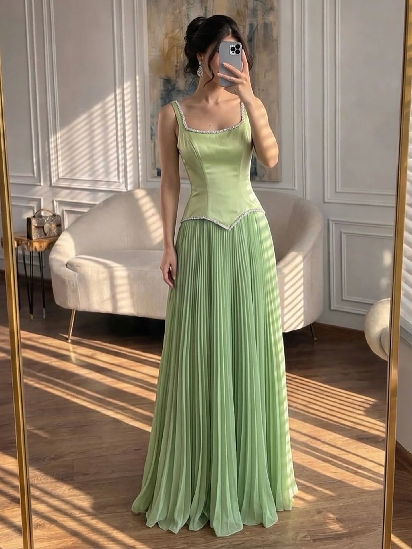 Luxury Sage Green Satin A-Line Prom Dress for Women LA73169 SERENE HILL