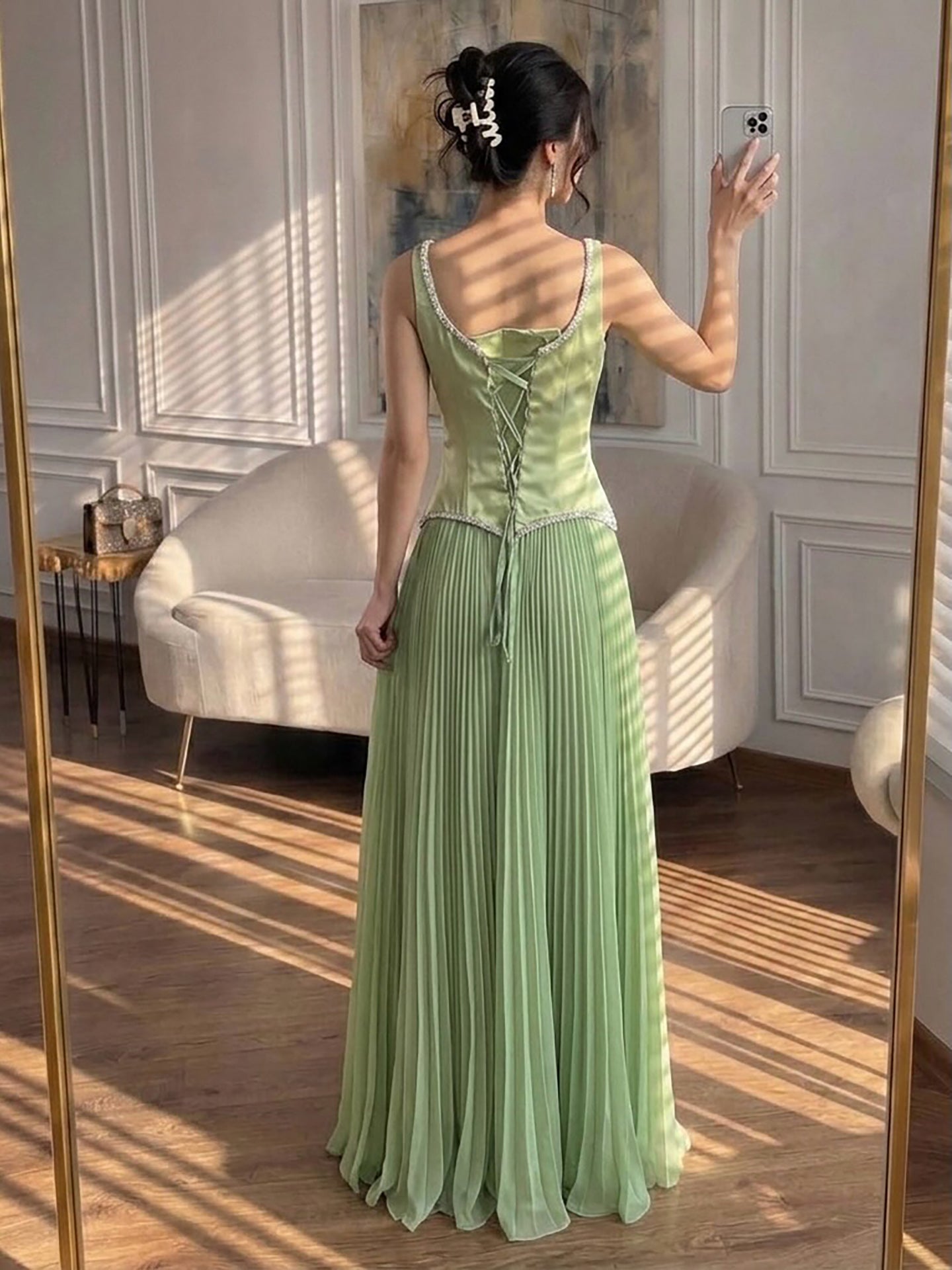 Luxury Sage Green Satin A-Line Prom Dress for Women LA73169 SERENE HILL