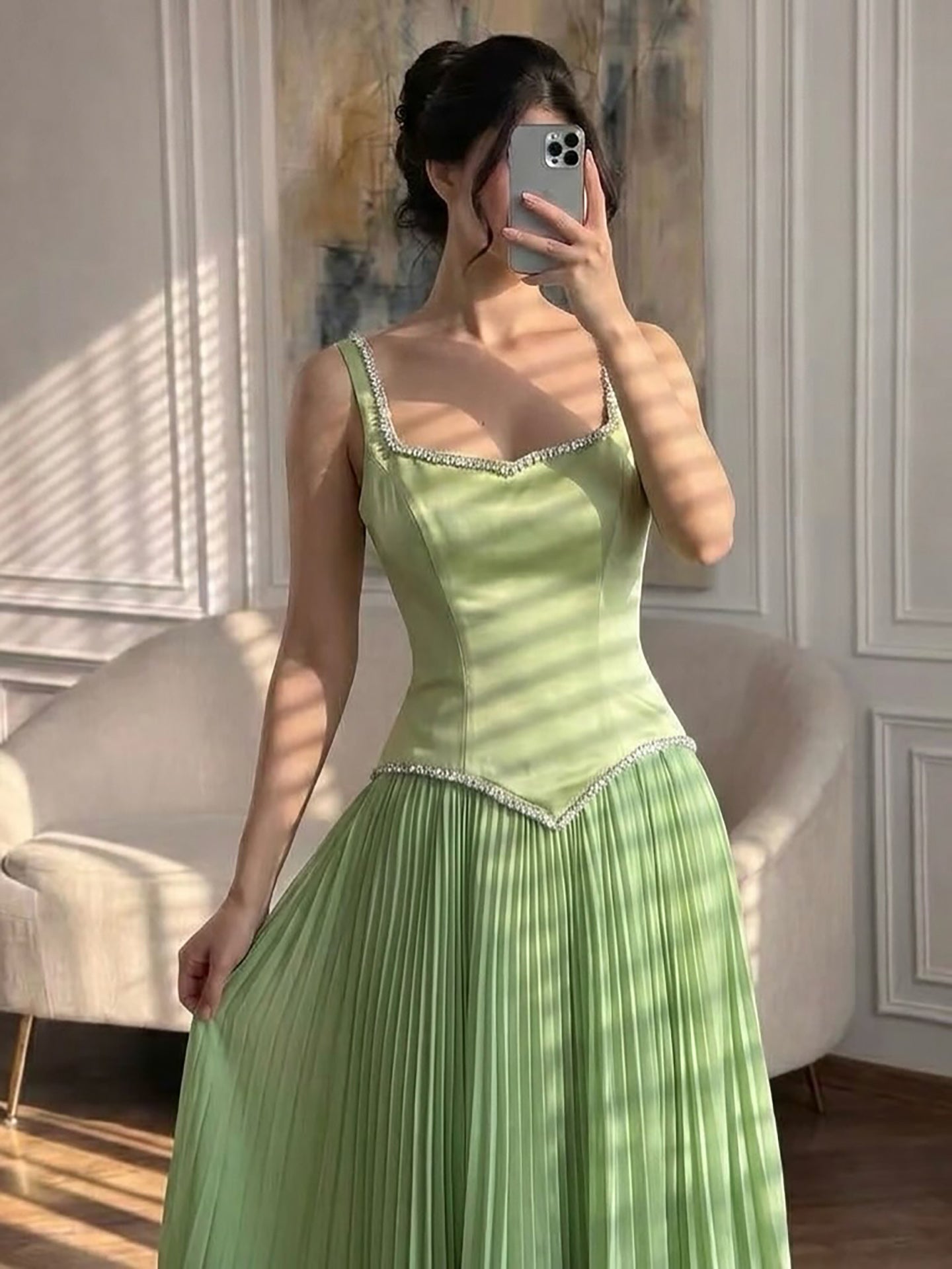 Luxury Sage Green Satin A-Line Prom Dress for Women LA73169 SERENE HILL