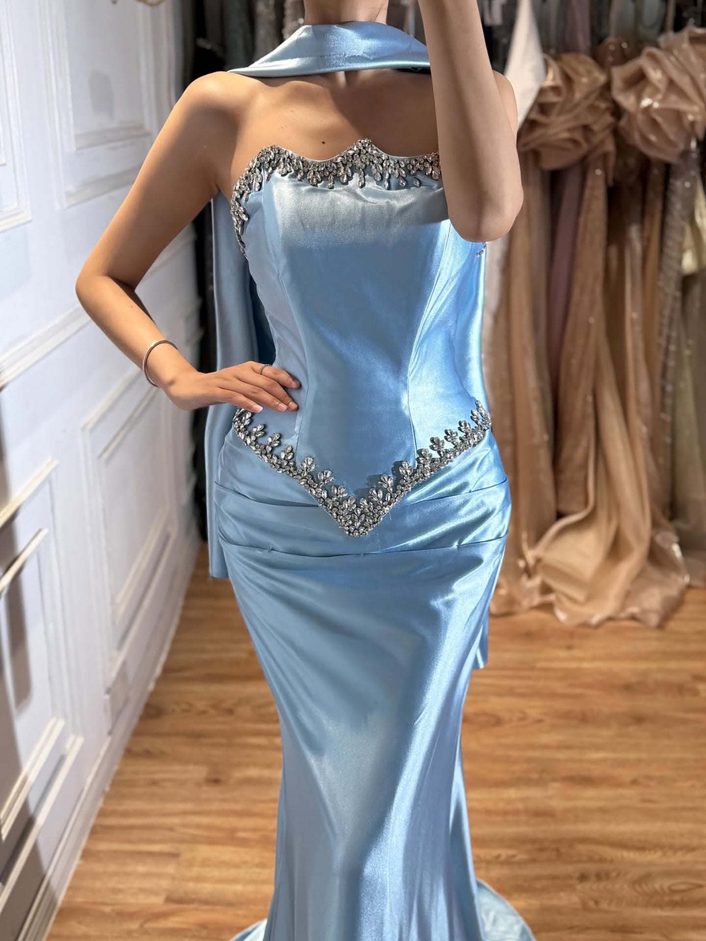 Luxury Blue Mermaid Crystal Beaded Satin Evening Dress LA73175 SERENE HILL