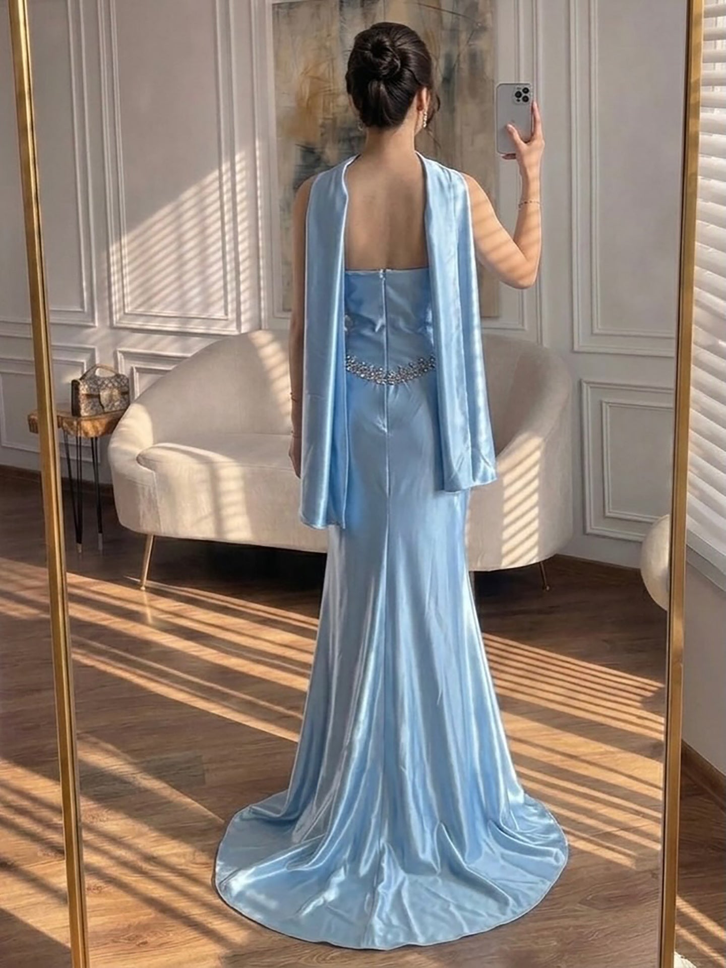 Luxury Blue Mermaid Crystal Beaded Satin Evening Dress LA73175 SERENE HILL