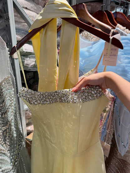 Luxury Yellow Crystal Beaded Mermaid Luxury Evening Dress Elegant LA73175A