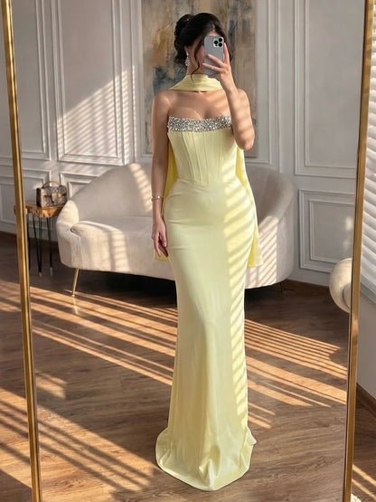 Luxury Yellow Crystal Beaded Mermaid Luxury Evening Dress Elegant LA73175A