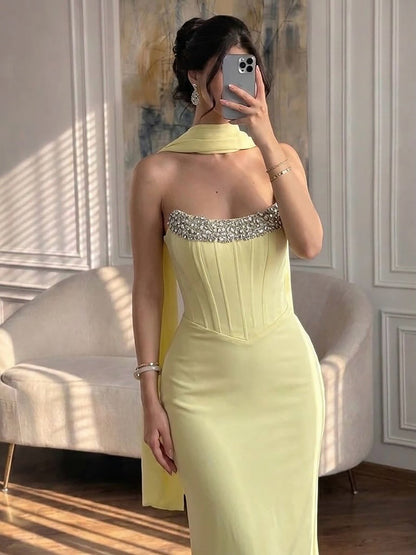 Luxury Yellow Crystal Beaded Mermaid Luxury Evening Dress Elegant LA73175A