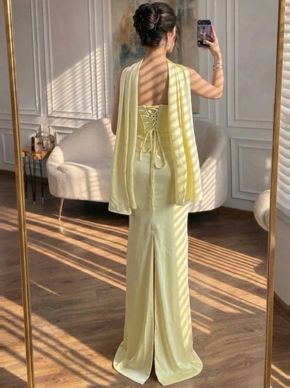 Luxury Yellow Crystal Beaded Mermaid Luxury Evening Dress Elegant LA73175A