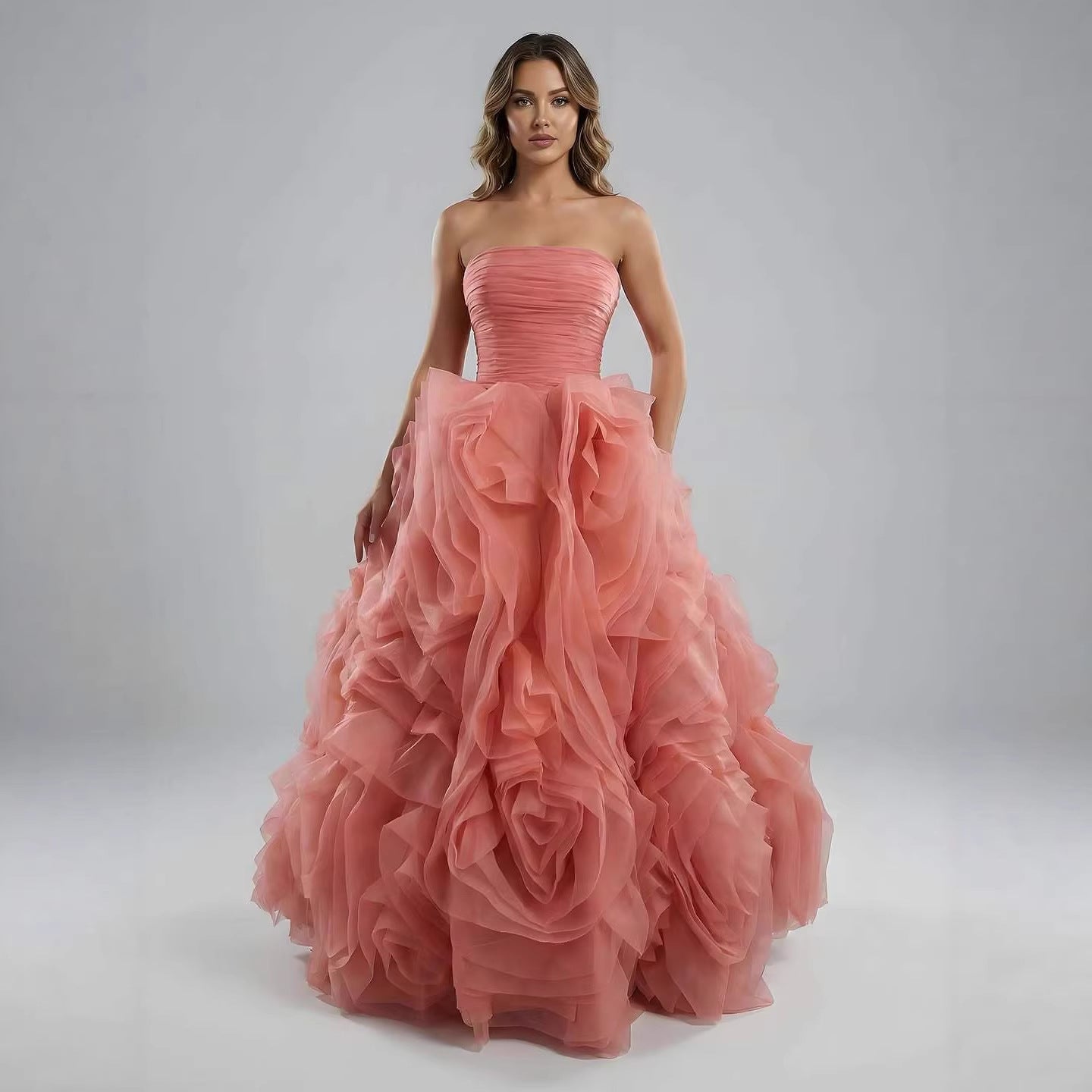 Luxury Purple 3D Rose Flower Strapless Princess Evening Dress LA73176