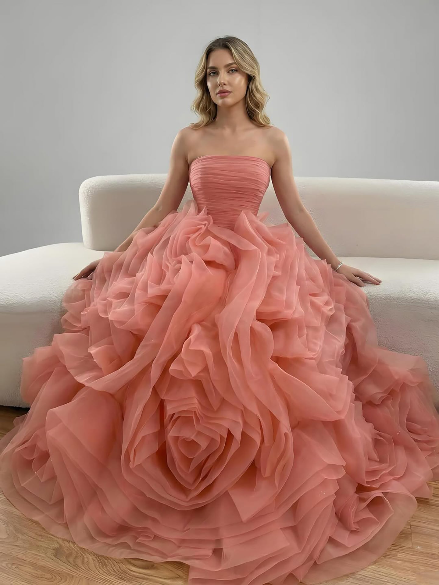 Luxury Purple 3D Rose Flower Strapless Princess Evening Dress LA73176