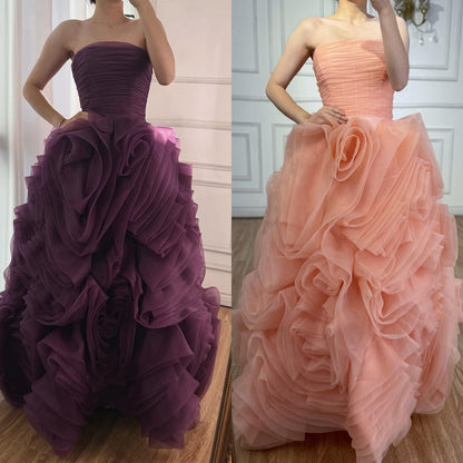 Luxury Purple 3D Rose Flower Strapless Princess Evening Dress LA73176