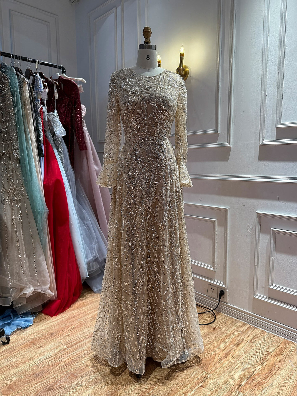 Luxury Nude Beaded A-Line Evening Dress Long Sleeves LA73177A