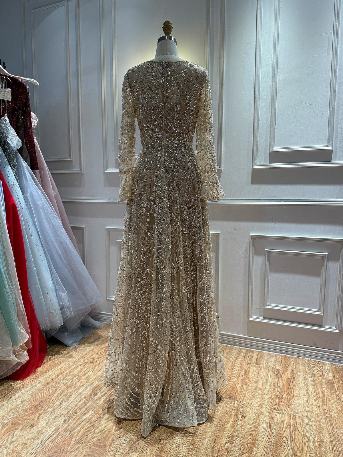 Luxury Nude Beaded A-Line Evening Dress Long Sleeves LA73177A