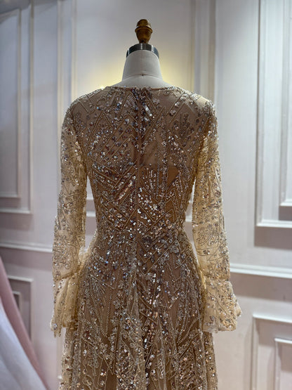 Luxury Nude Beaded A-Line Evening Dress Long Sleeves LA73177A