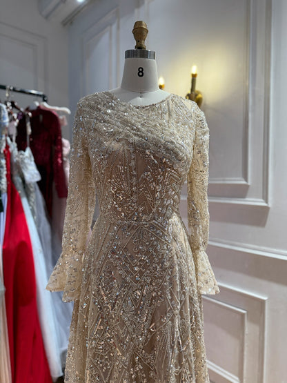 Luxury Nude Beaded A-Line Evening Dress Long Sleeves LA73177A