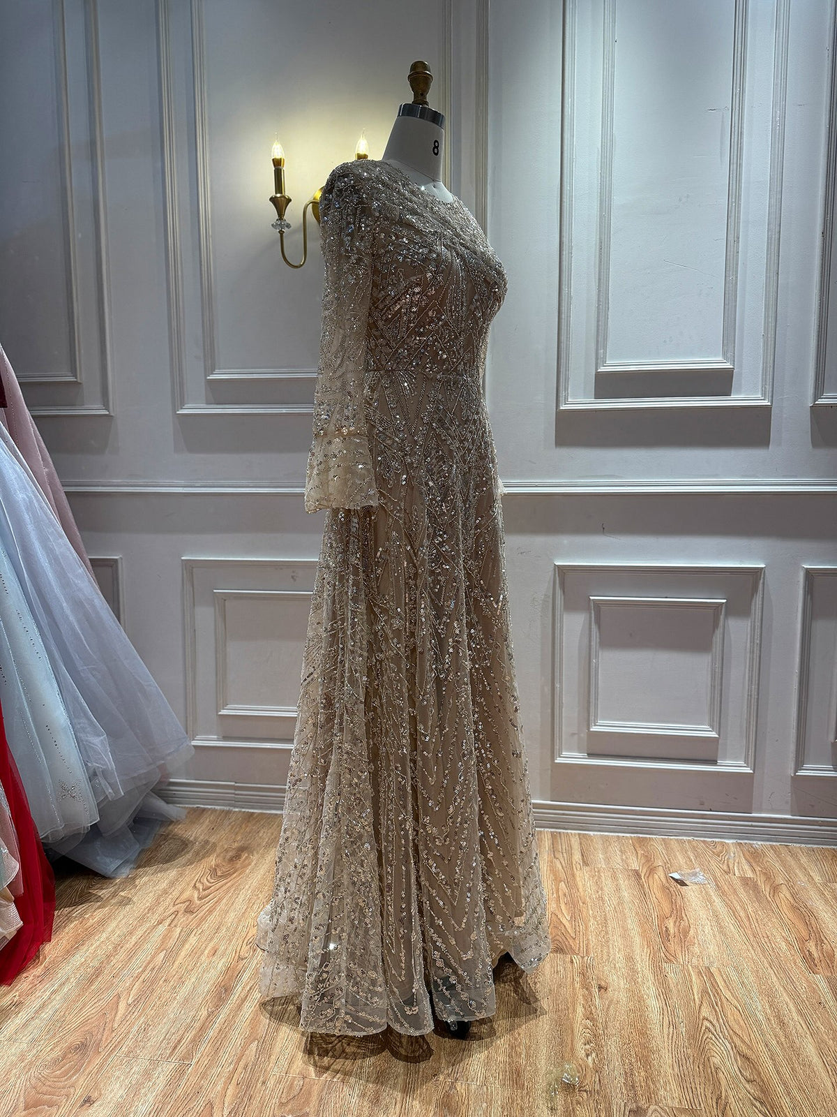 Luxury Nude Beaded A-Line Evening Dress Long Sleeves LA73177A