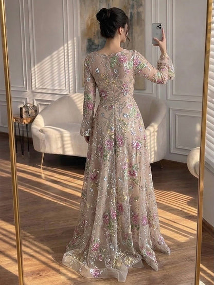 Luxury Pink Beaded A-Line Evening Dress with Puffy Sleeves LA73177B SereneHill