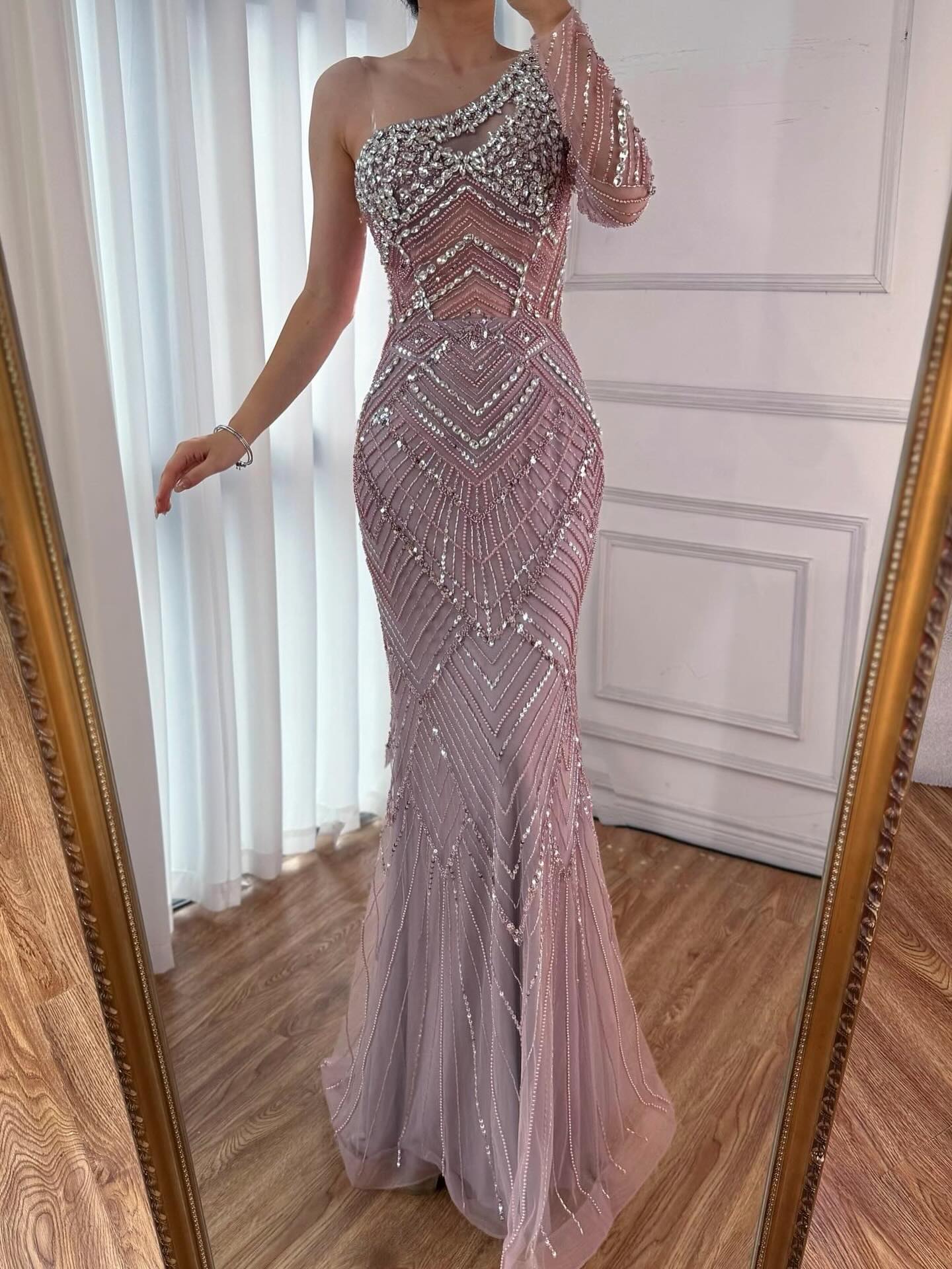 Luxury Nude One Shoulder Long Sleeve Beaded Evening Dress LA73180