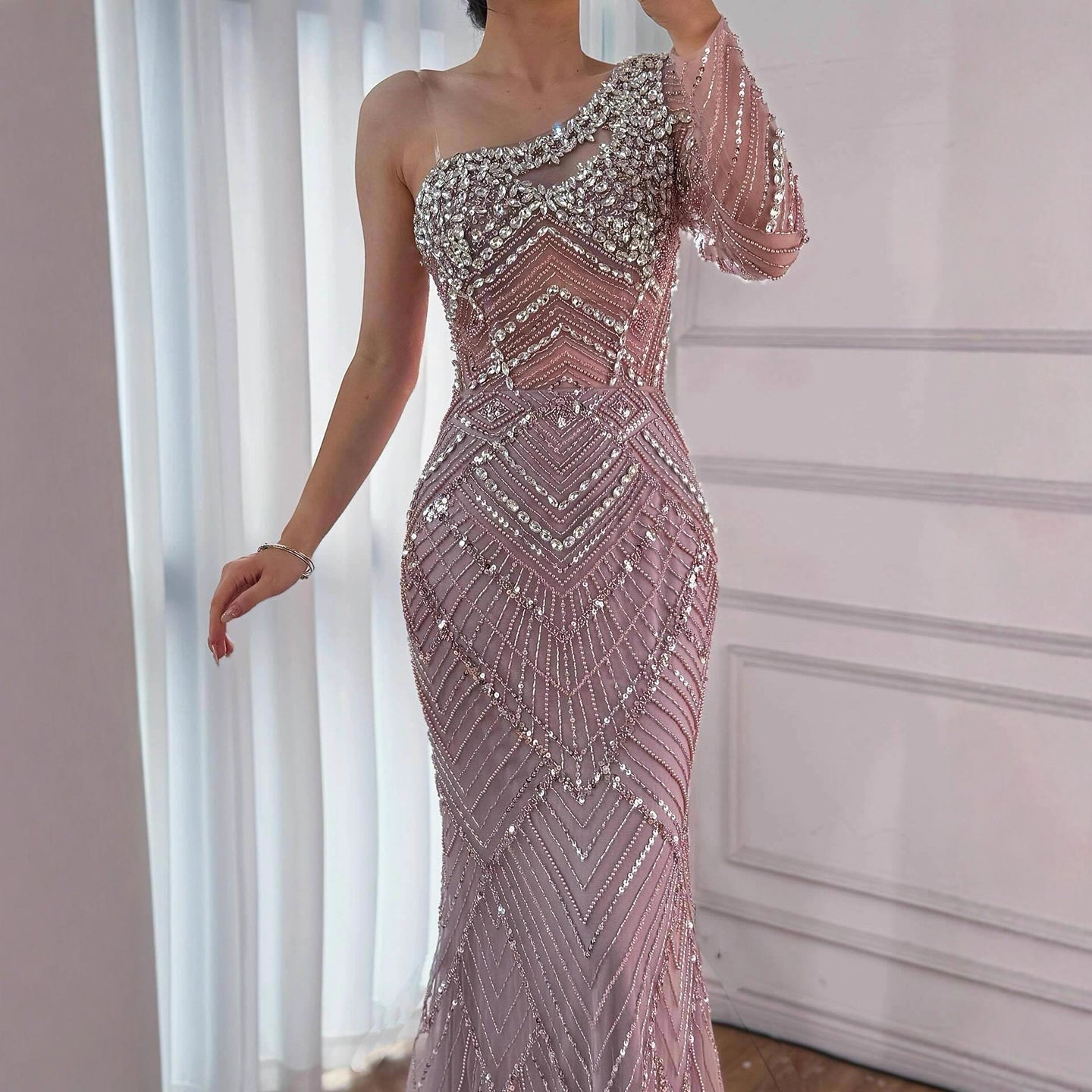 Luxury Nude One Shoulder Long Sleeve Beaded Evening Dress LA73180