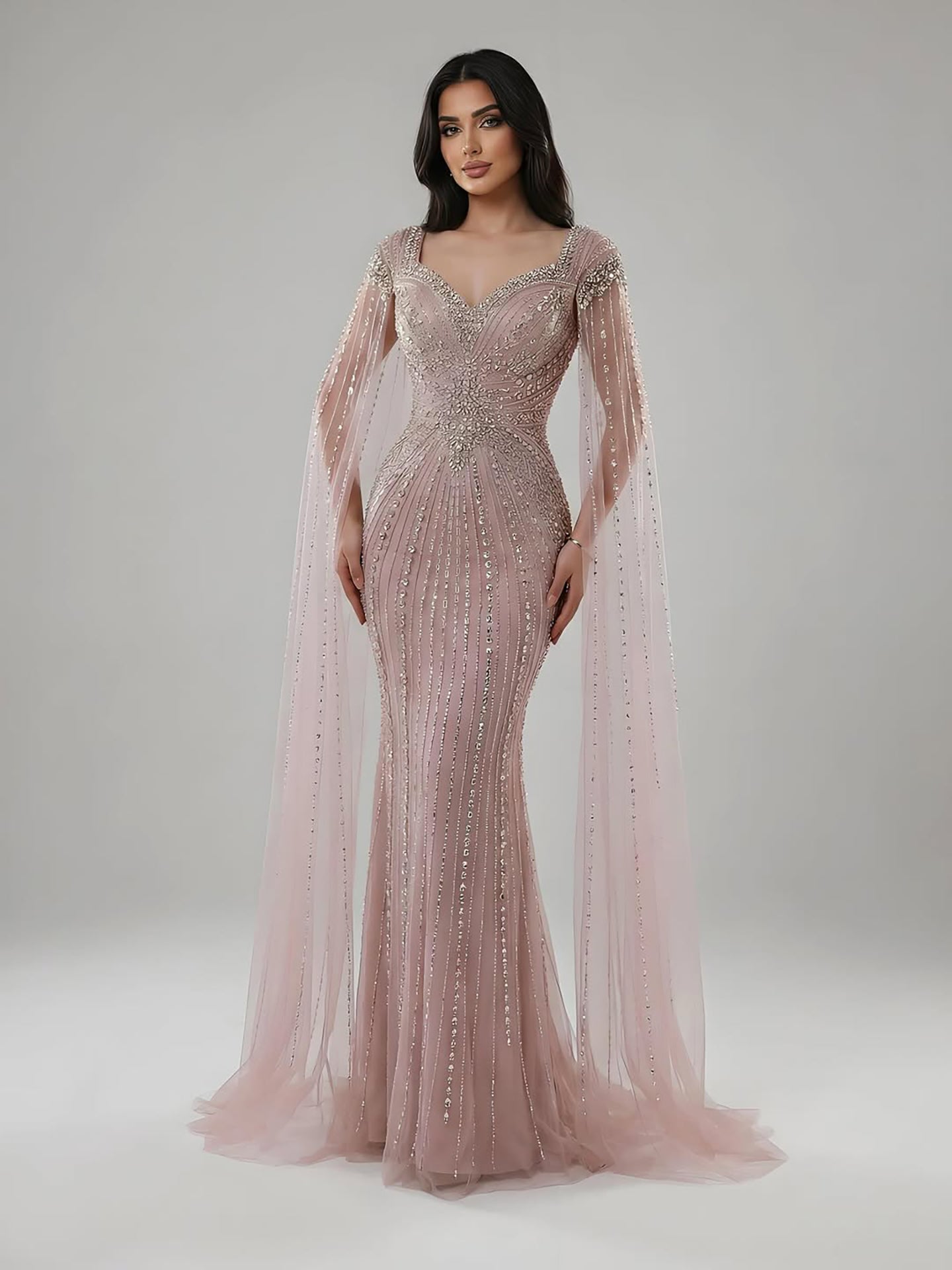 Luxury Arabic Nude Beaded Evening Dress with Cape Sleeves LA73181
