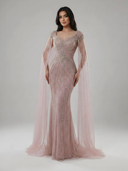 Luxury Arabic Nude Beaded Evening Dress with Cape Sleeves LA73181
