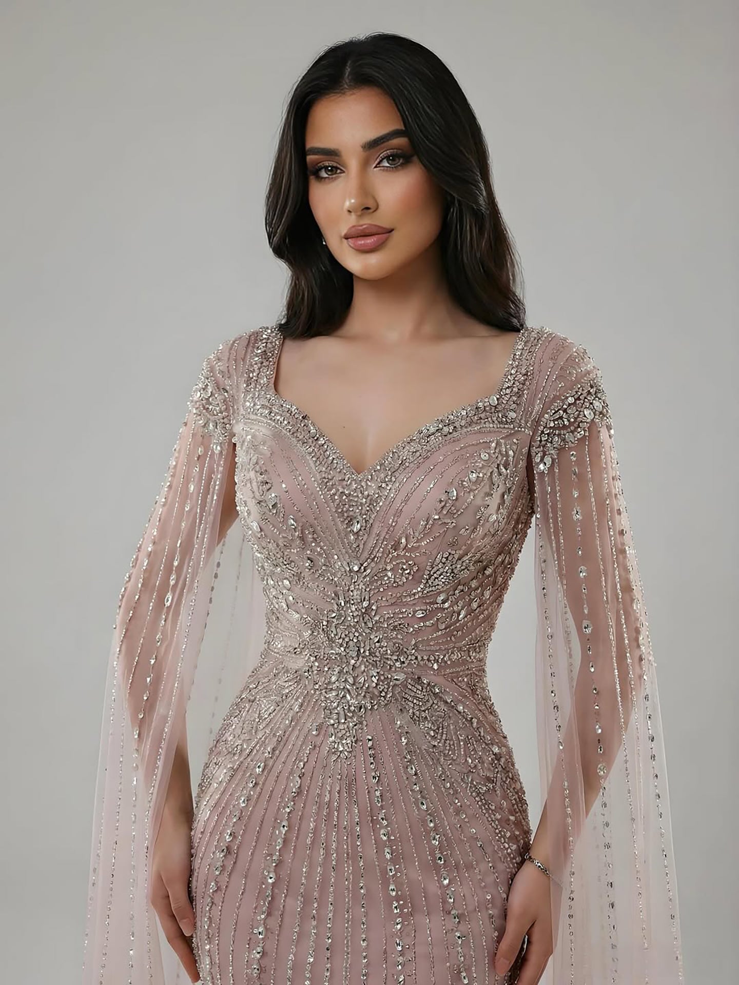 Luxury Arabic Nude Beaded Evening Dress with Cape Sleeves LA73181