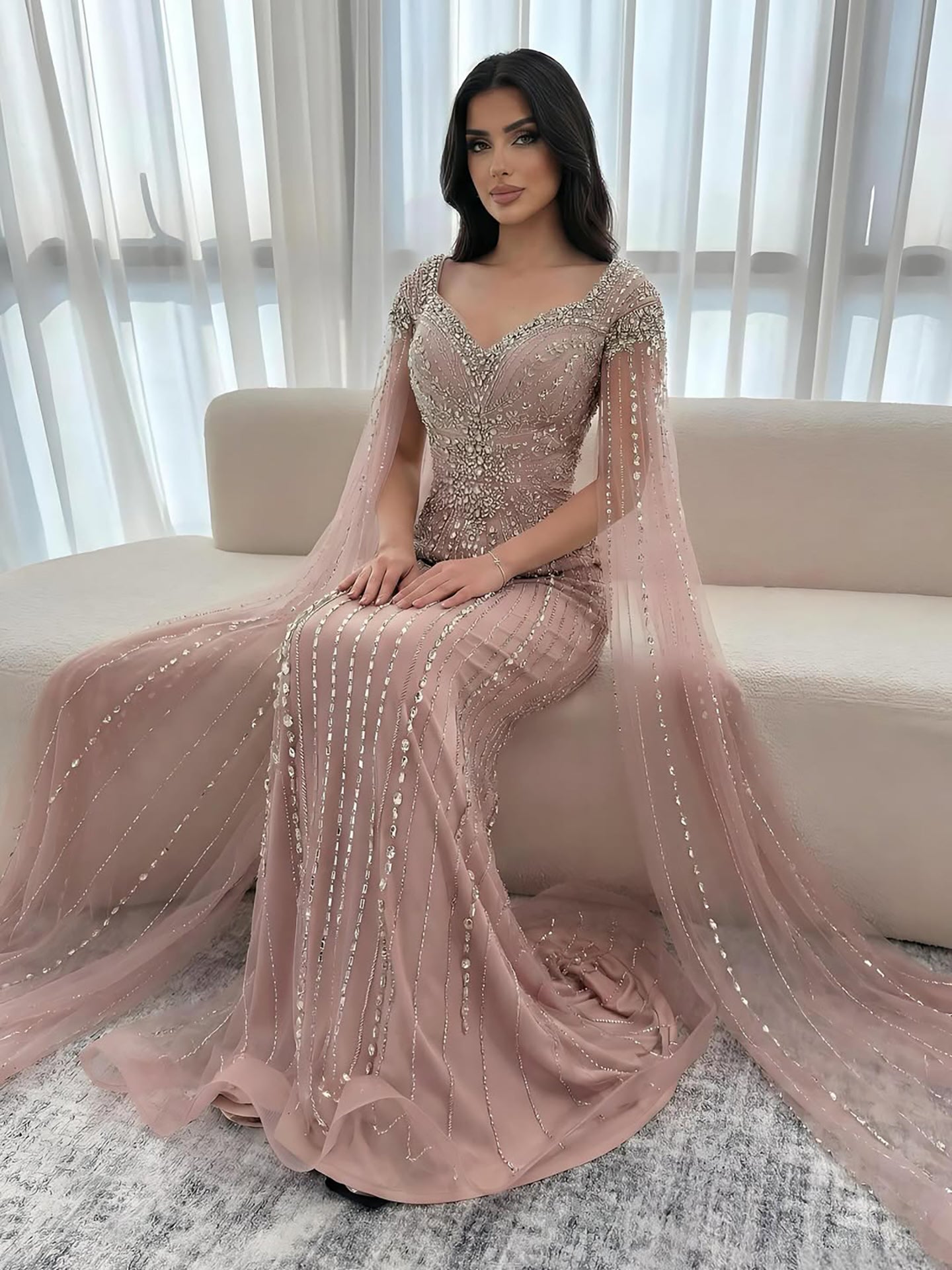 Luxury Arabic Nude Beaded Evening Dress with Cape Sleeves LA73181