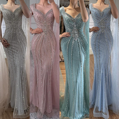 Luxury Arabic Nude Beaded Evening Dress with Cape Sleeves LA73181