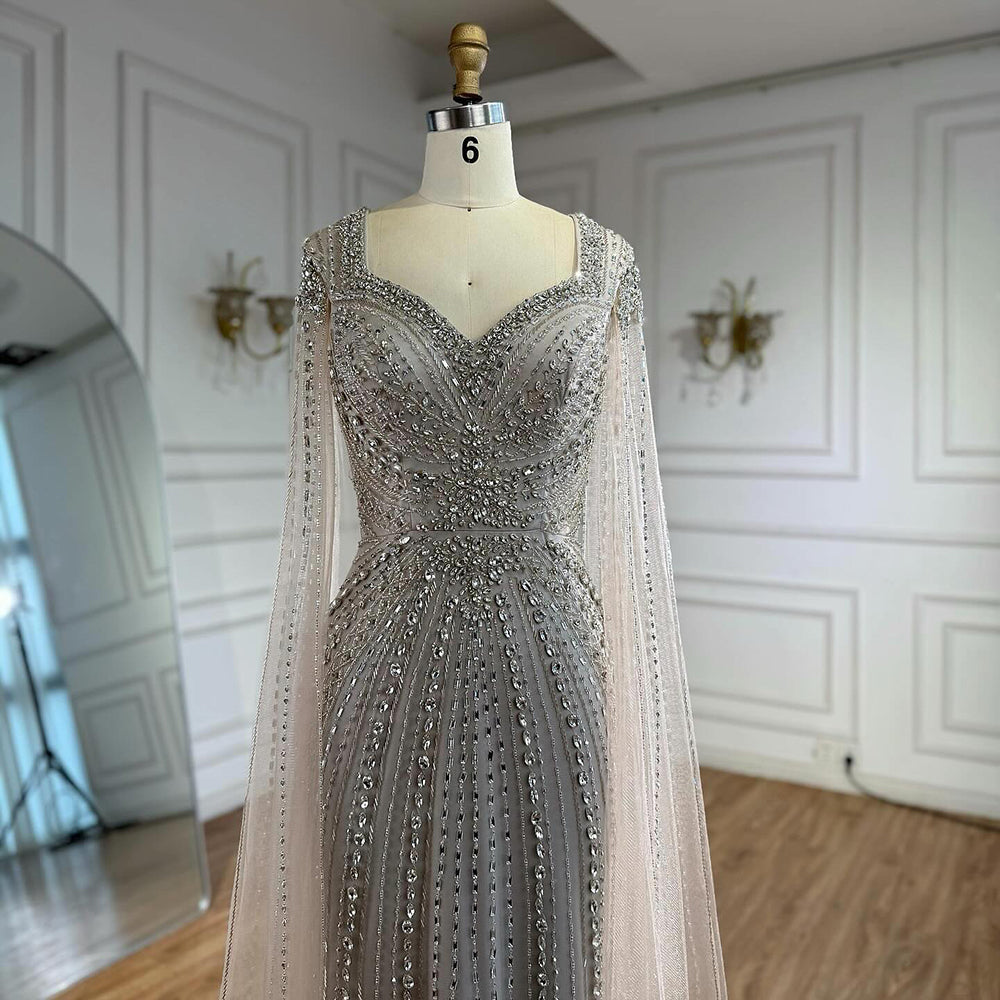 Luxury Arabic Nude Beaded Evening Dress with Cape Sleeves LA73181