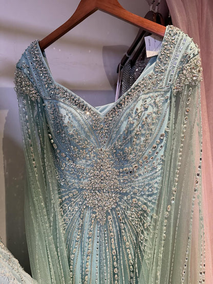Luxury Arabic Nude Beaded Evening Dress with Cape Sleeves LA73181