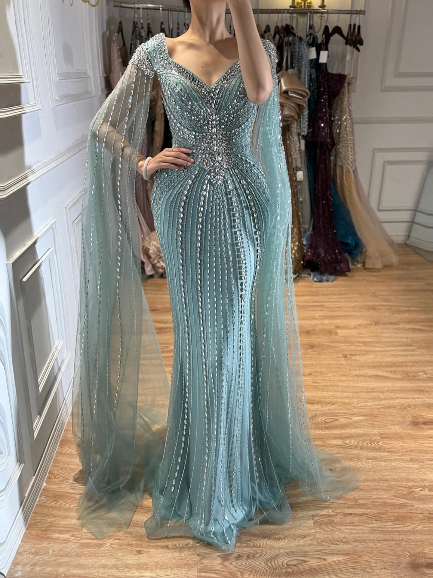 Luxury Arabic Nude Beaded Evening Dress with Cape Sleeves LA73181