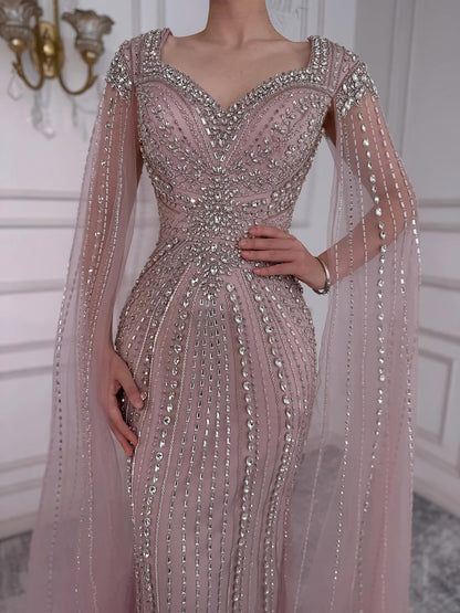 Luxury Arabic Nude Beaded Evening Dress with Cape Sleeves LA73181