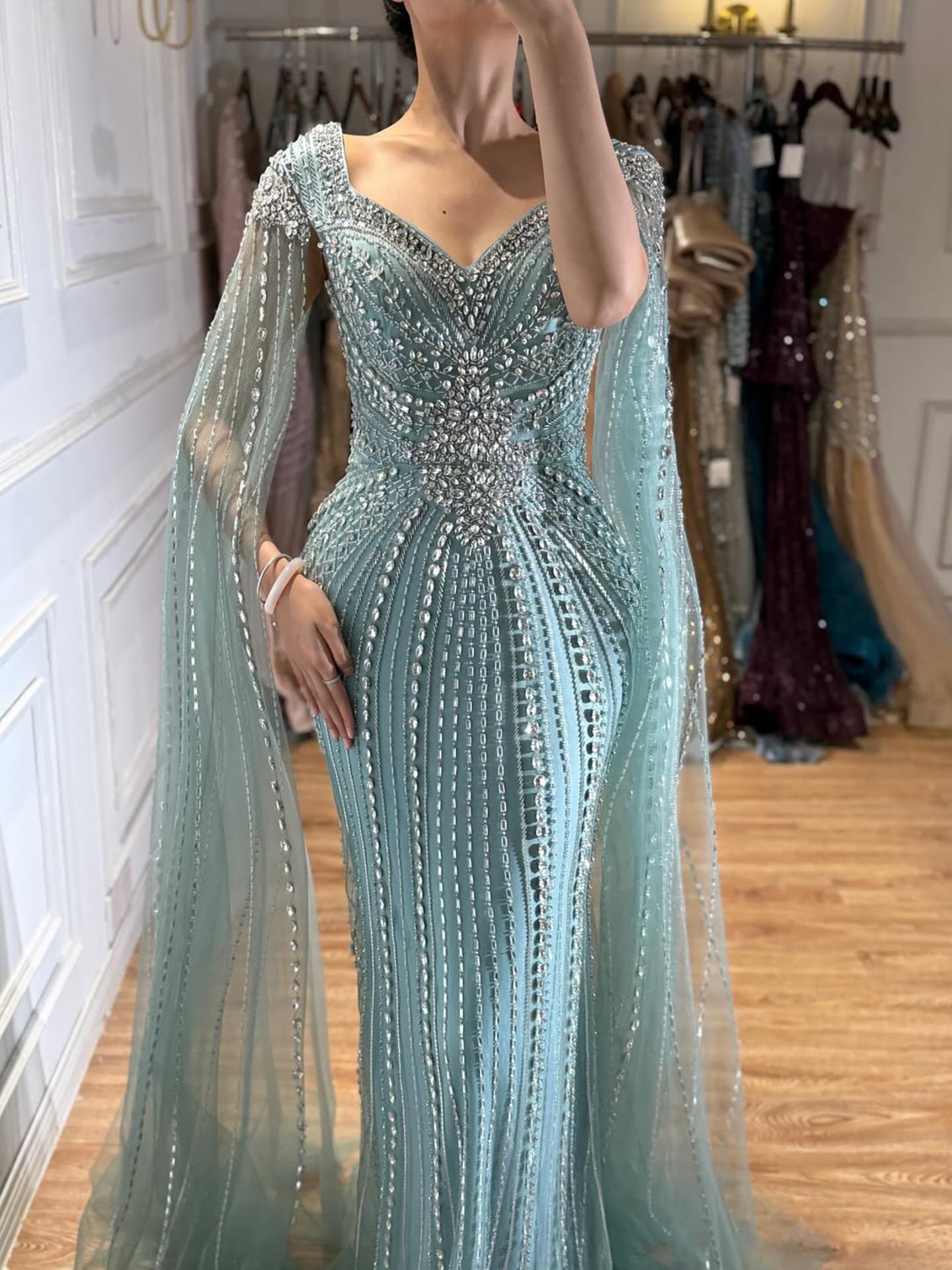 Luxury Arabic Nude Beaded Evening Dress with Cape Sleeves LA73181