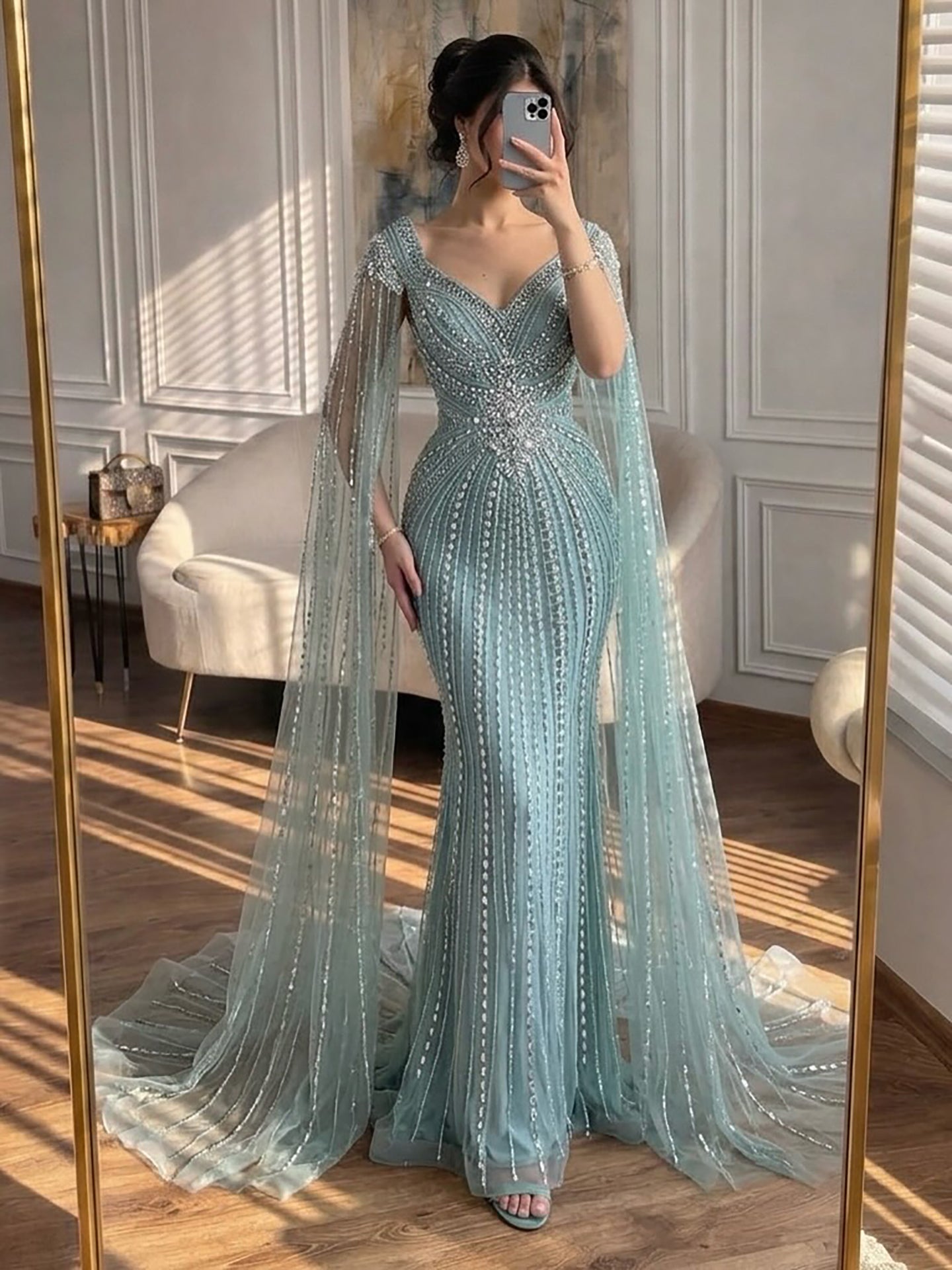 Luxury Arabic Nude Beaded Evening Dress with Cape Sleeves LA73181