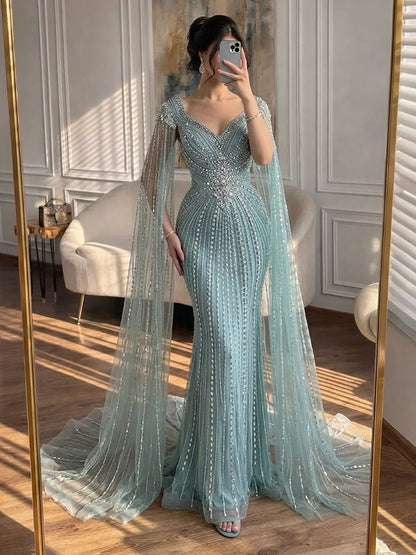Luxury Arabic Nude Beaded Evening Dress with Cape Sleeves LA73181