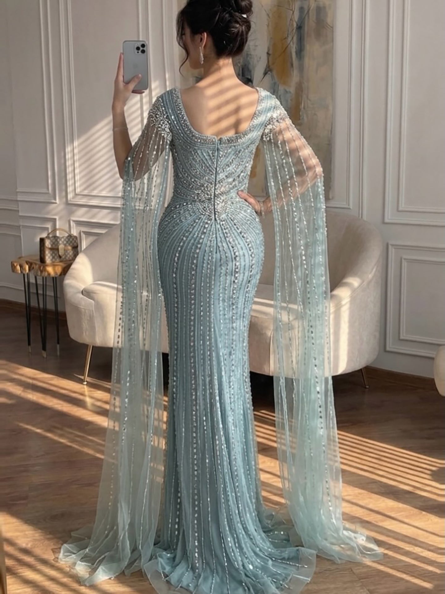 Luxury Arabic Nude Beaded Evening Dress with Cape Sleeves LA73181