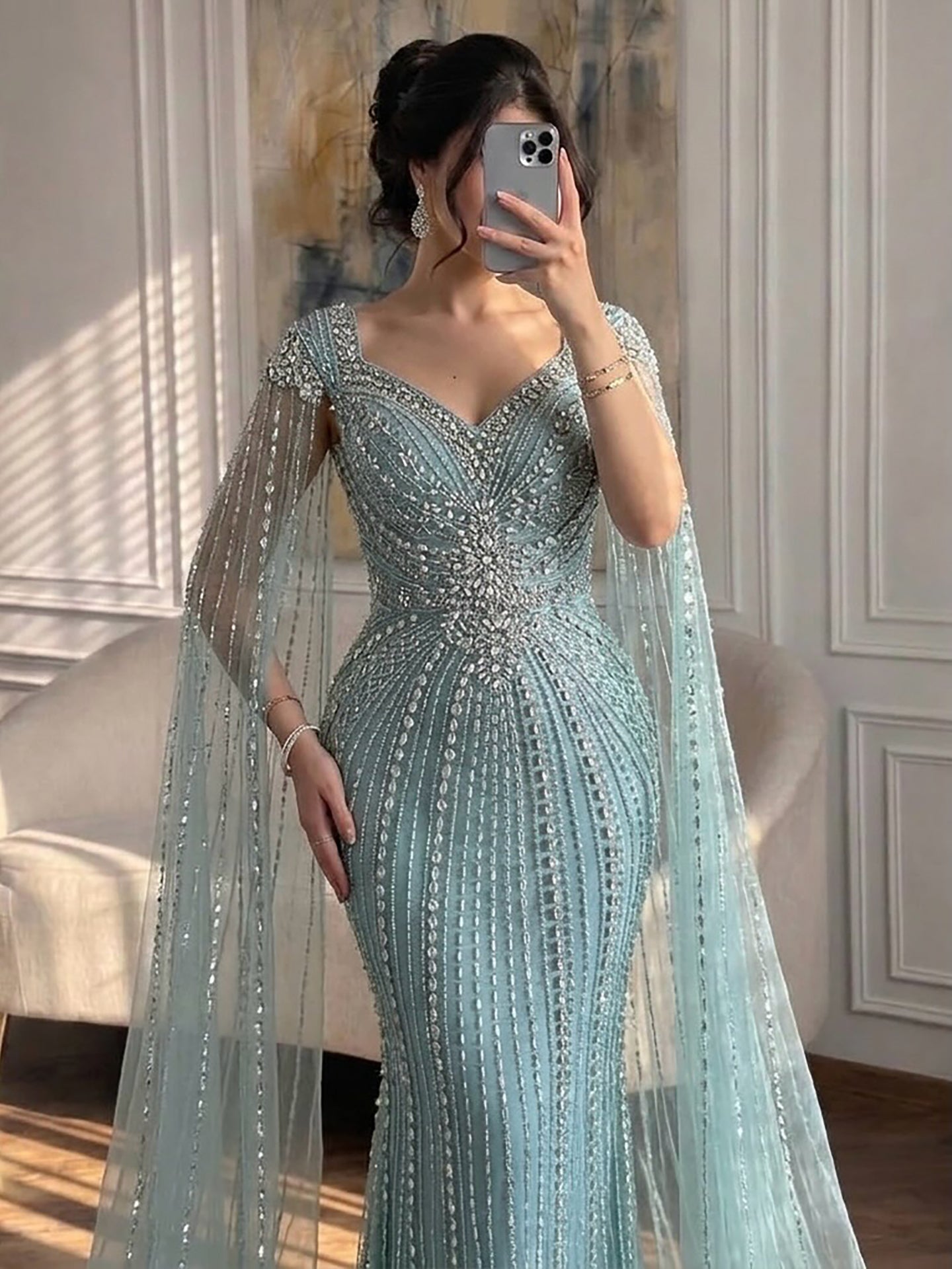 Luxury Arabic Nude Beaded Evening Dress with Cape Sleeves LA73181